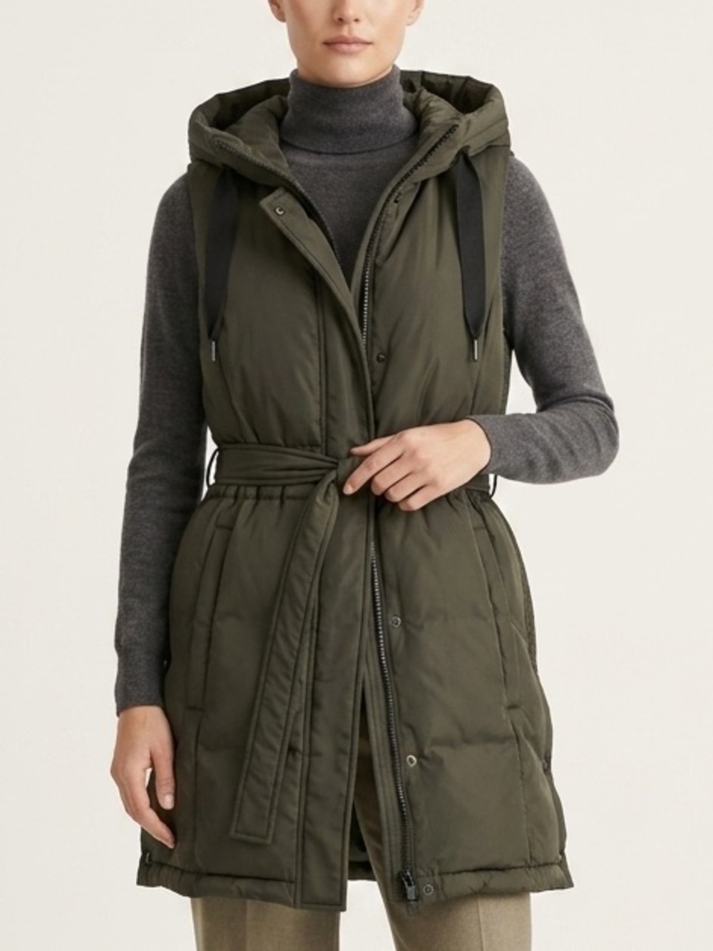 Sam Edelman Hooded Long Puffer Vest Dark Olive Green Small Adjustable Waist - S - Picture 2 of 16